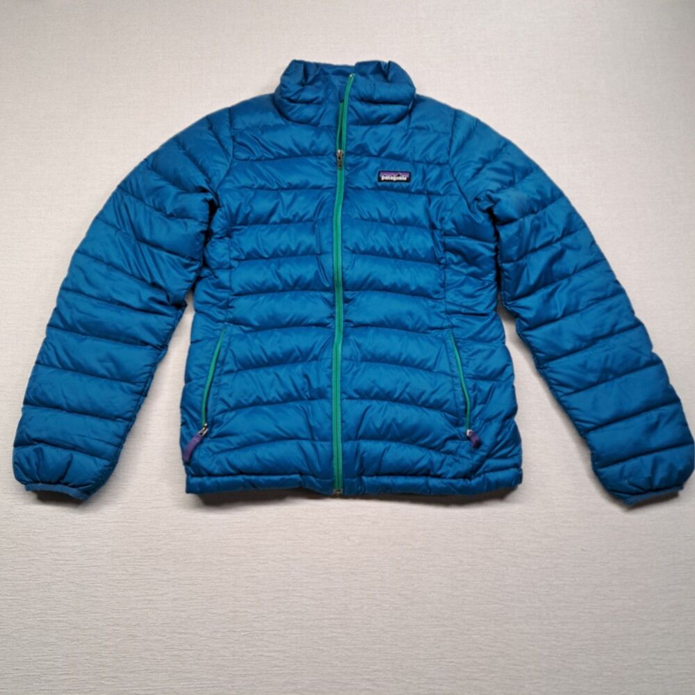 Patagonia Youth Large Down Sweater Puffer Jacket Blue Teal Full Zip Insulated